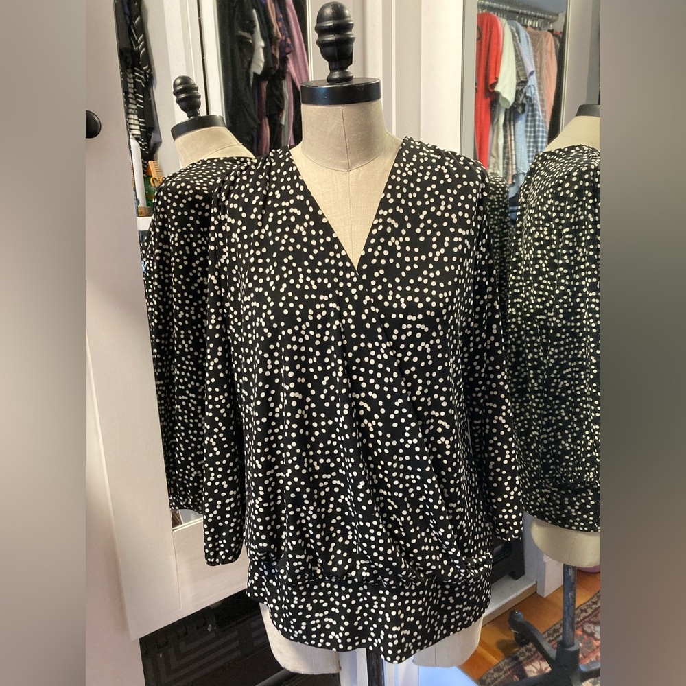 Talbots Black and White Polka Dot Crossover 3/4 Sleeve Top, Size Large